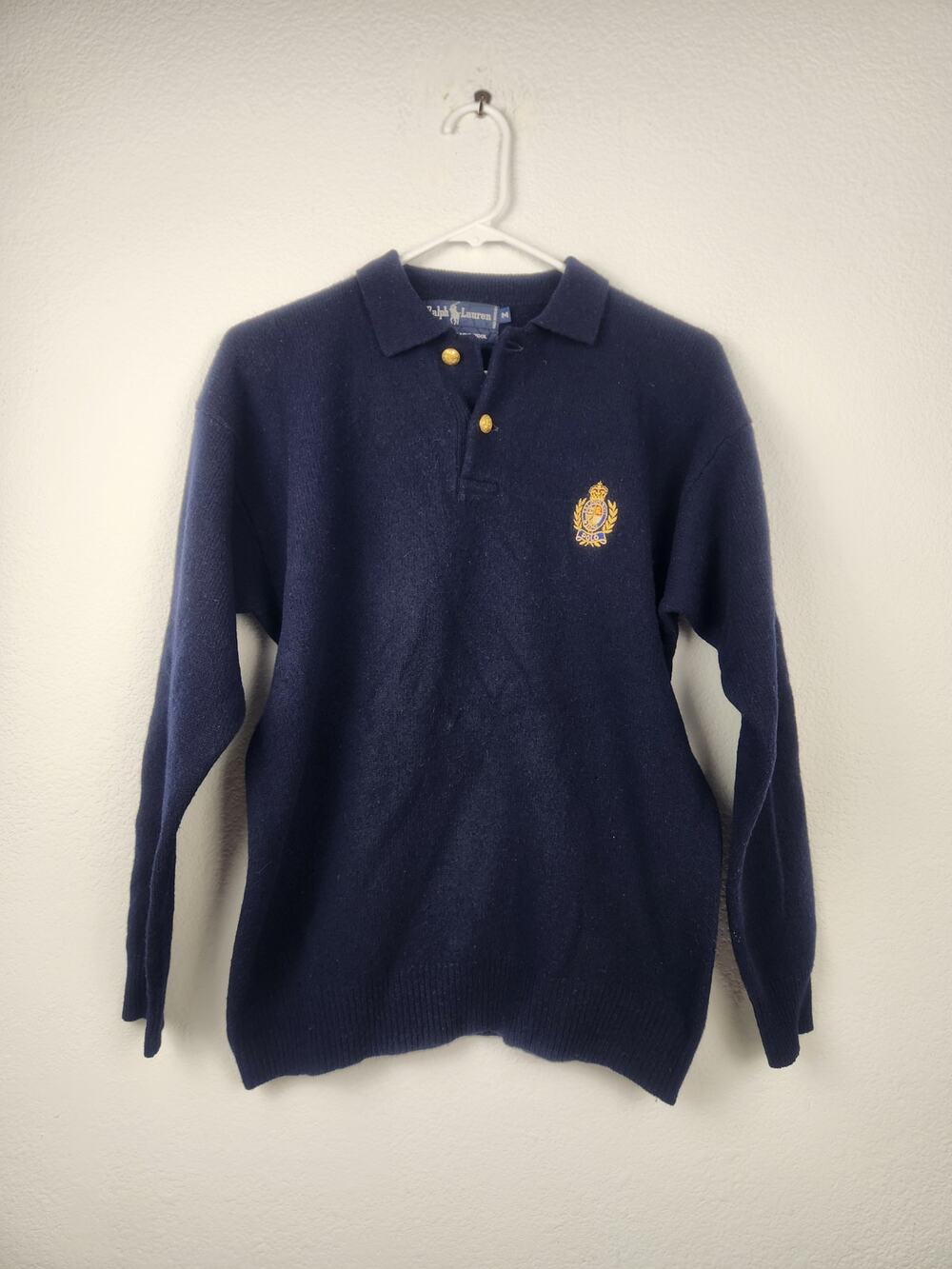 Vintage Ralph Lauren Sweater Women Size Medium Blue Collared Logo Lambswool